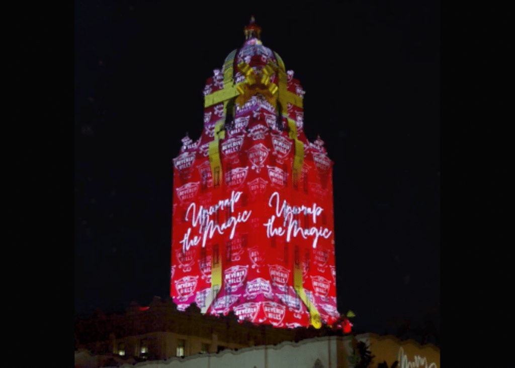 Beverly Hills city hall lit up in the Unwrap the Magic show